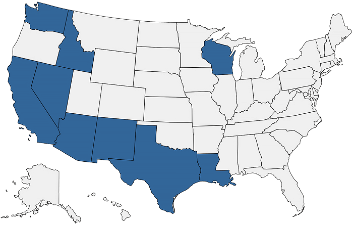 A map of the United States highlighting the nine community property states.